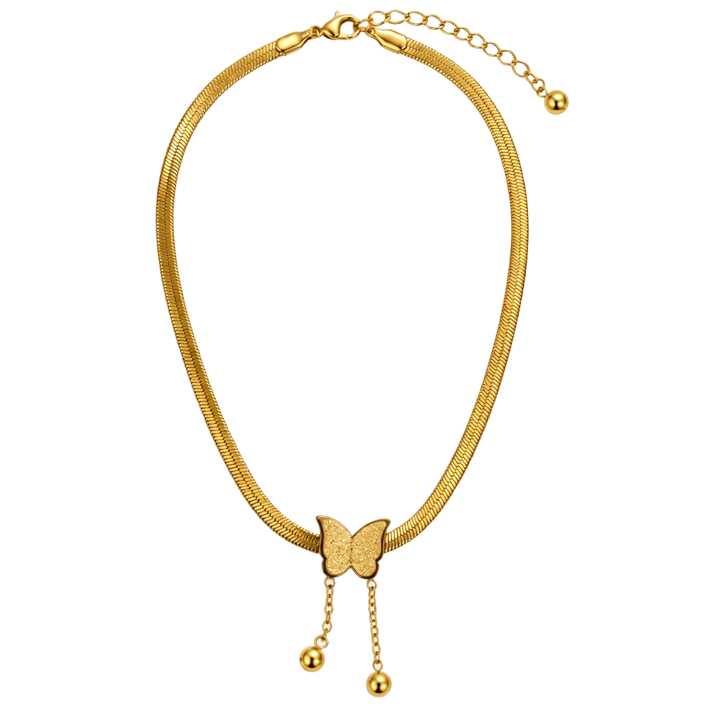 Butterfly Drop Herringbone 18K Gold Necklace