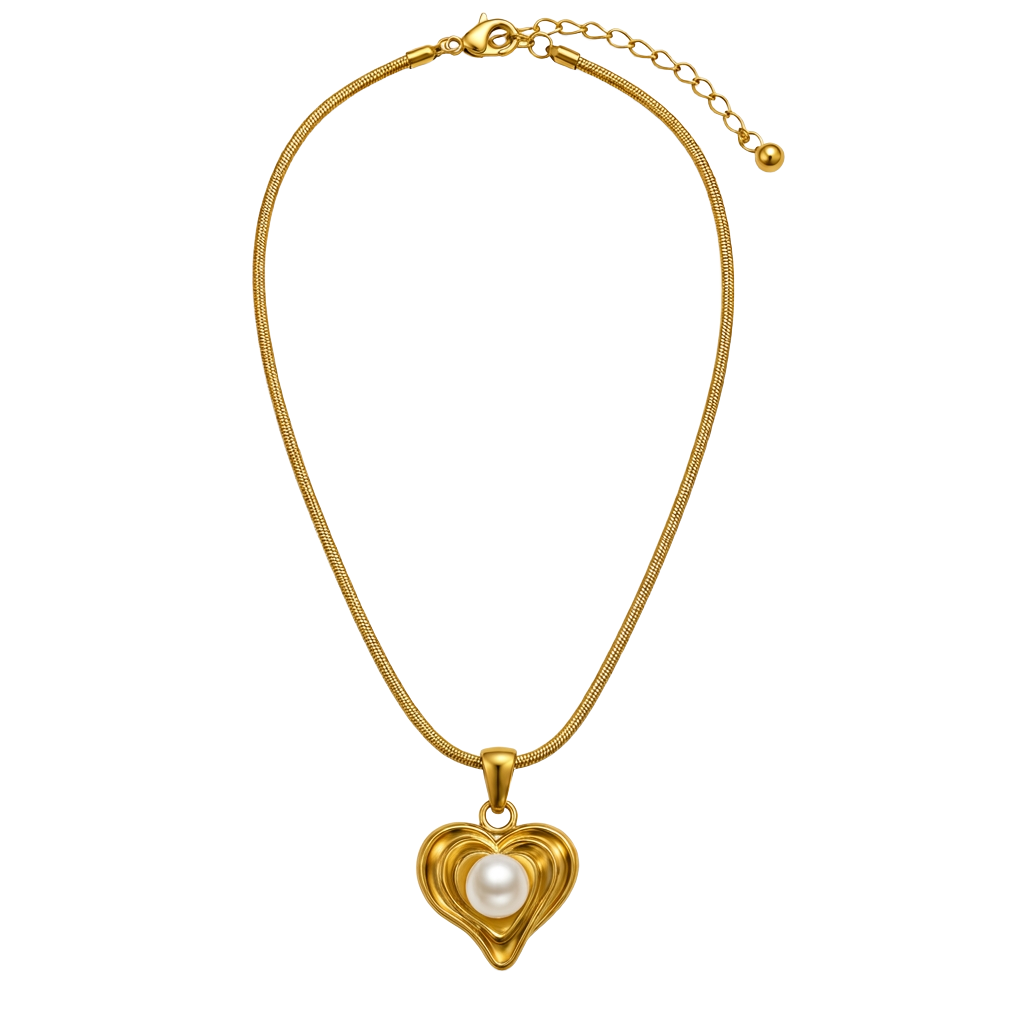 Pearl Heart Herringbone 18K Gold Necklace