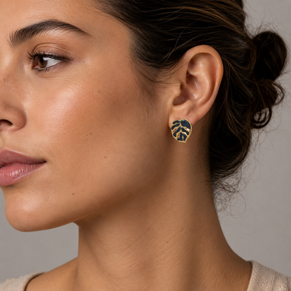 Verdant Striped Leaf 18K Gold Stud Earrings