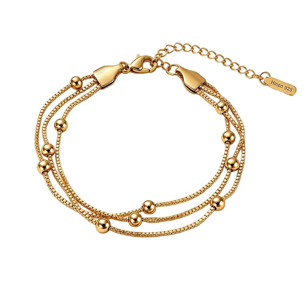 Triple Layered Beaded Chain 18K Gold Bracelet