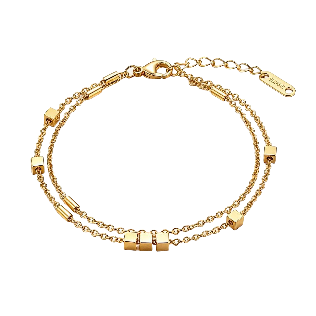 Layered Cube Charm Chain 18K Gold Bracelet