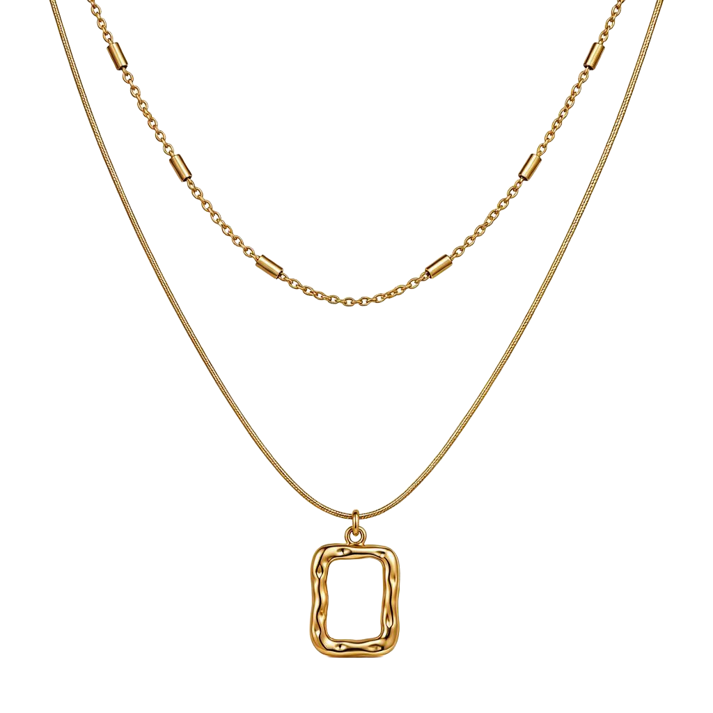 Layered Abstract Rectangle Pendant 18K Gold Necklace