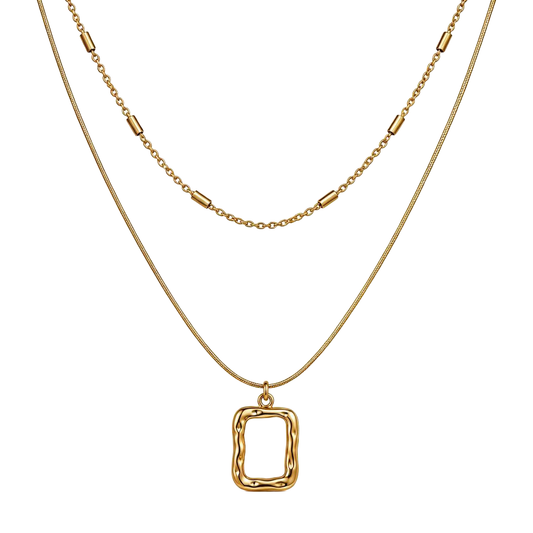 Layered Abstract Rectangle Pendant 18K Gold Necklace