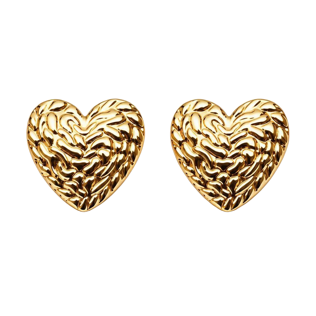 Textured Heart 18K Gold Stud Earrings