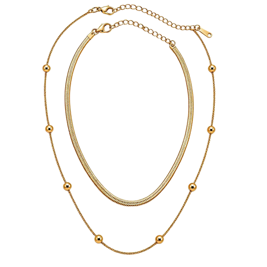 Layered 18K Gold Chain Necklace with Beaded Accent