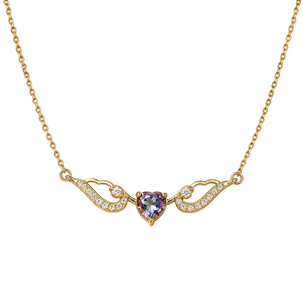 Iridescent Heart Zircon Wing 18K Gold Necklace