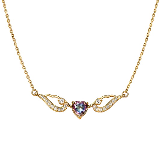 Iridescent Heart Zircon Wing 18K Gold Necklace