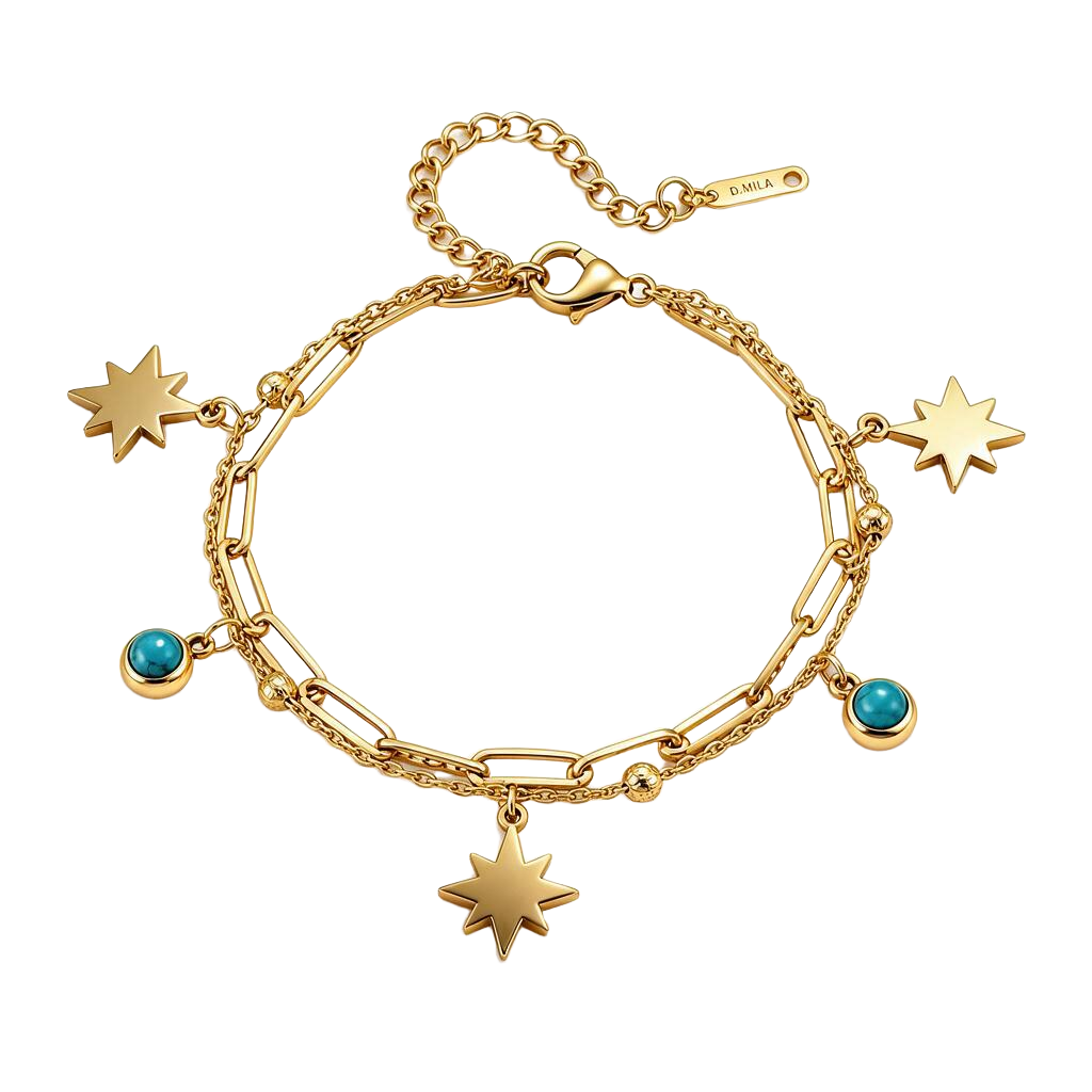 Star & Turquoise Layered Charm 18K Gold Bracelet