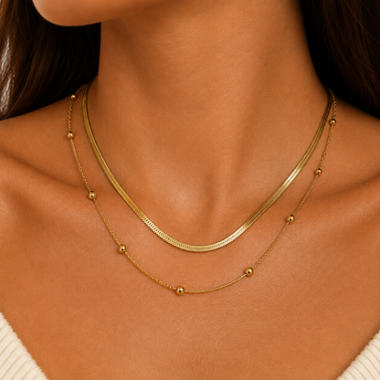 Layered 18K Gold Chain Necklace with Beaded Accent