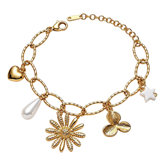 Whimsical Bloom 18K Gold Charm Bracelet