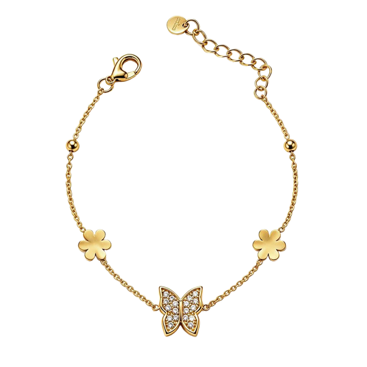 Sparkling Butterfly and Lucky Clover 18K Gold Chain Bracelet