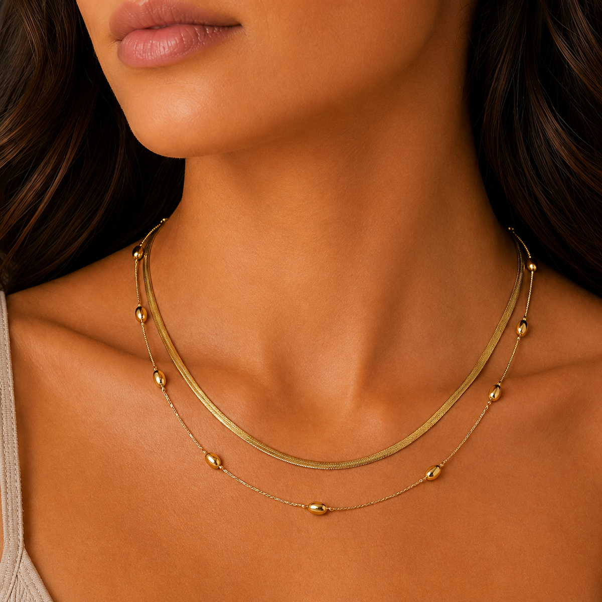 Layered 18K Gold Chain Necklace with Oval Accents