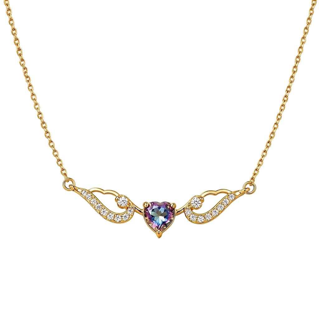Iridescent Heart Zircon Wing 18K Gold Necklace