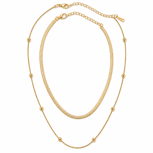 Layered 18K Gold Chain Necklace with Beaded Accent