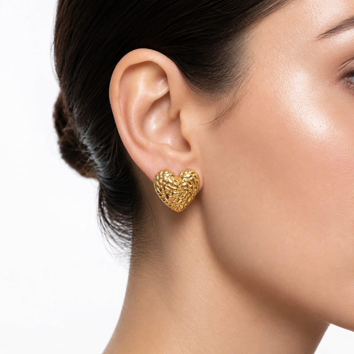 Textured Heart 18K Gold Stud Earrings
