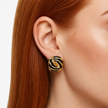 Square 18K Gold and Black Enamel Swirl Stud Earrings
