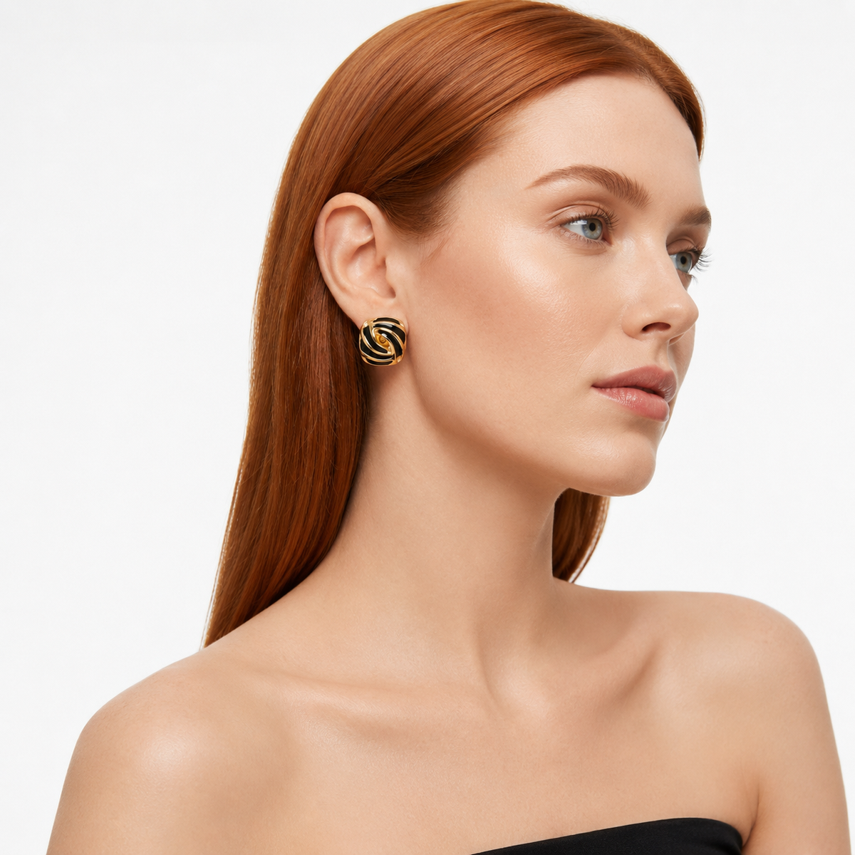 Square 18K Gold and Black Enamel Swirl Stud Earrings