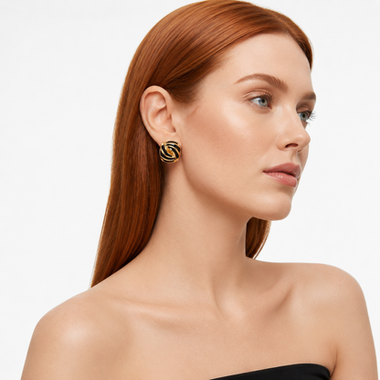 Square 18K Gold and Black Enamel Swirl Stud Earrings