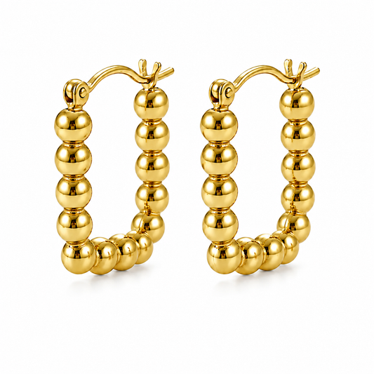 Elegant Beaded Rectangle 18K Gold Hoop Earrings