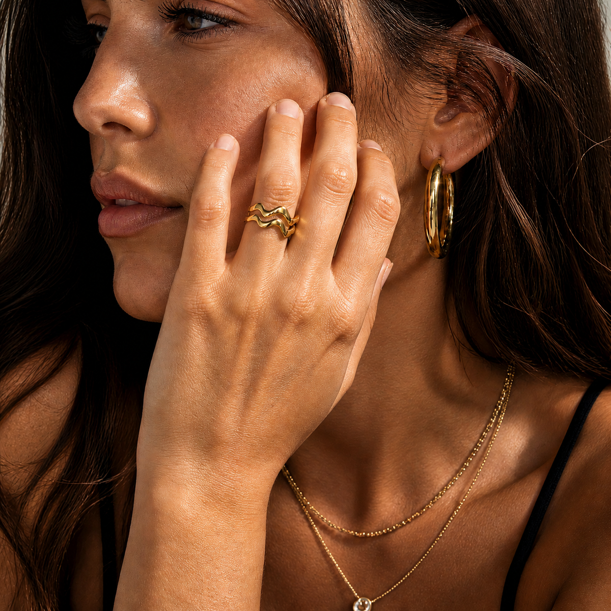 Brushed 18K Gold Asymmetrical Wave Statement Ring