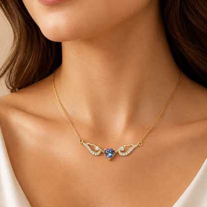 Iridescent Heart Zircon Wing 18K Gold Necklace