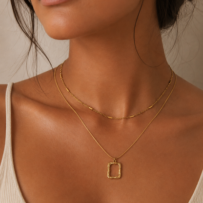 Layered Abstract Rectangle Pendant 18K Gold Necklace