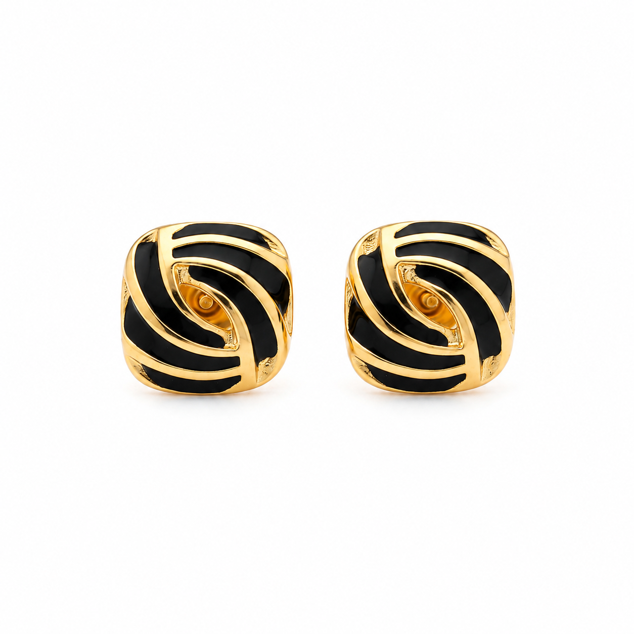 Square 18K Gold and Black Enamel Swirl Stud Earrings