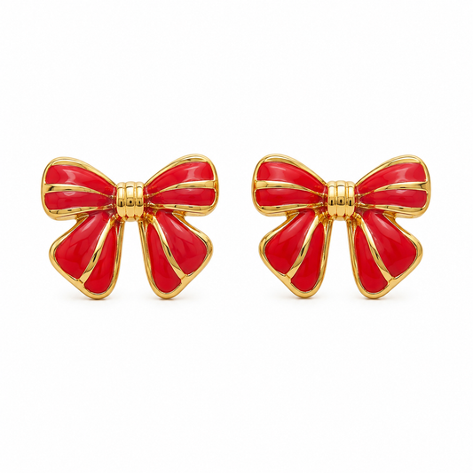 Adorable Variegated Bow 18K Gold Stud Earrings