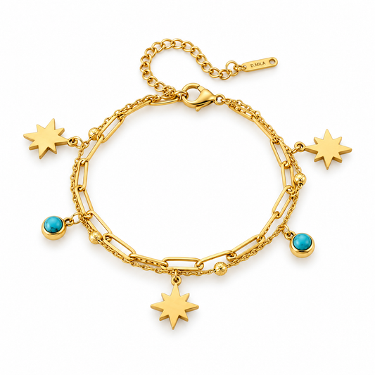 Star & Turquoise Layered Charm 18K Gold Bracelet