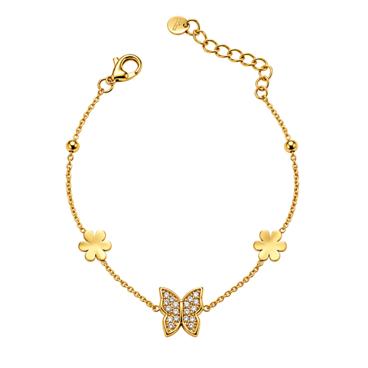 Sparkling Butterfly and Lucky Clover 18K Gold Chain Bracelet