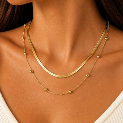 Layered 18K Gold Chain Necklace with Beaded Accent