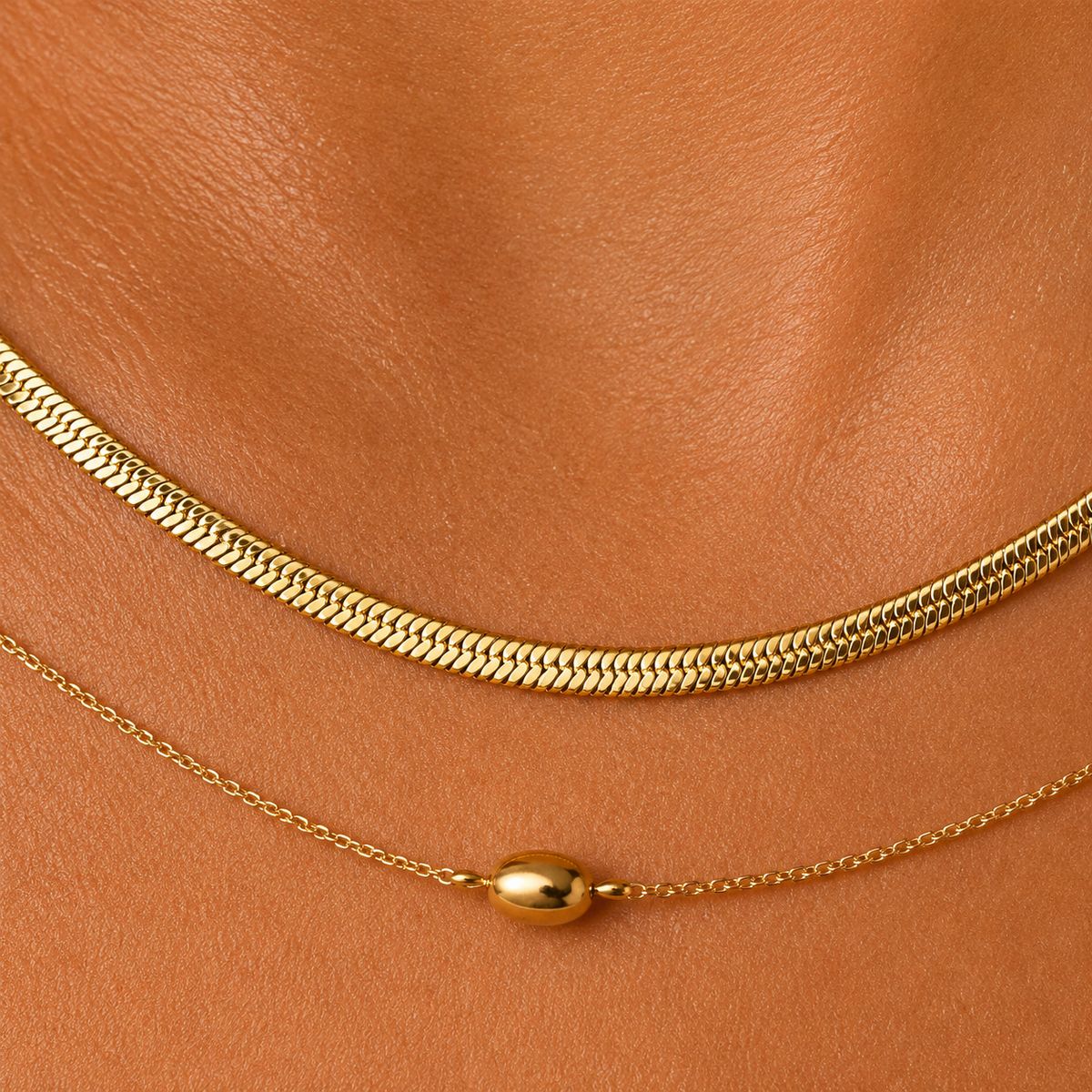 Layered 18K Gold Chain Necklace with Oval Accents