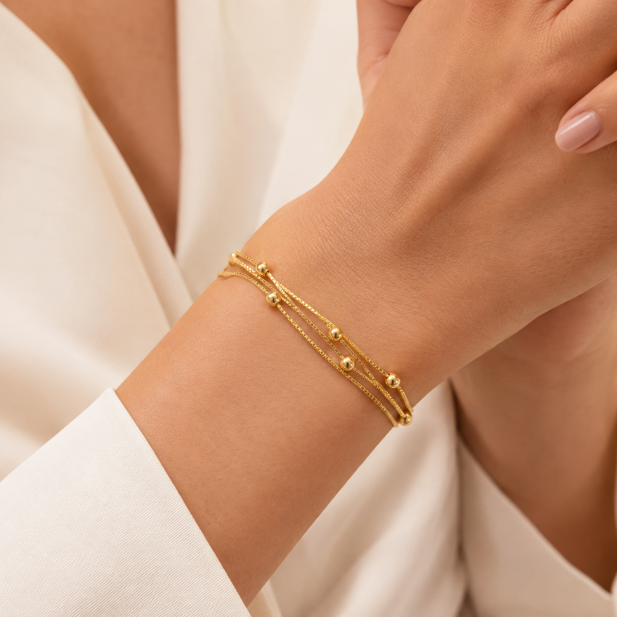 Triple Layered Beaded Chain 18K Gold Bracelet