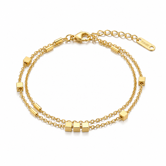 Layered Cube Charm Chain 18K Gold Bracelet