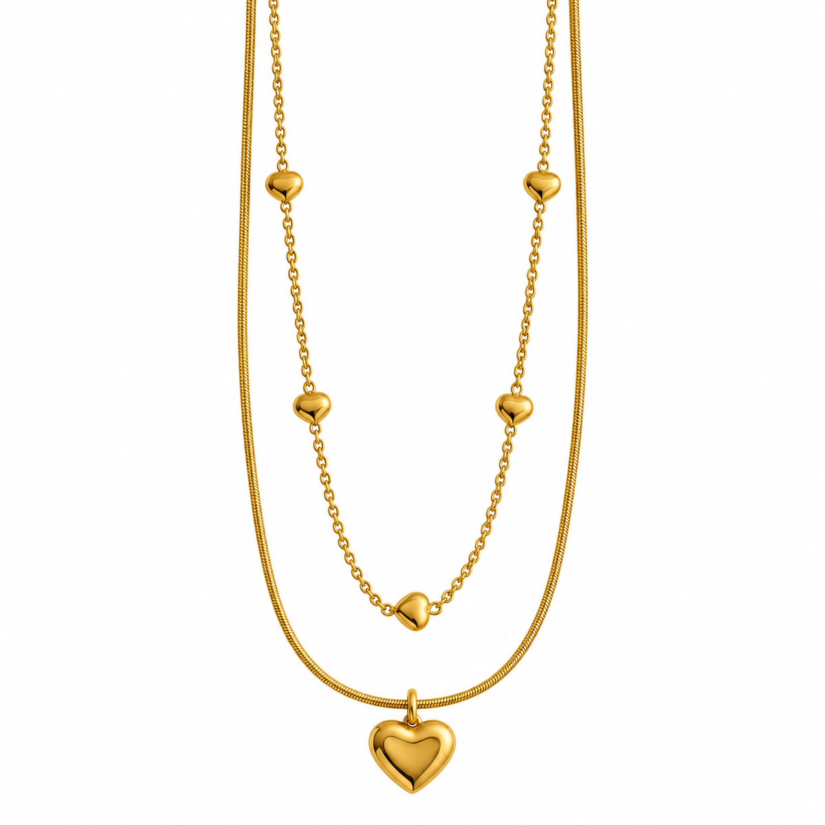 Elegant Heart Charm Layered 18K Gold Necklace
