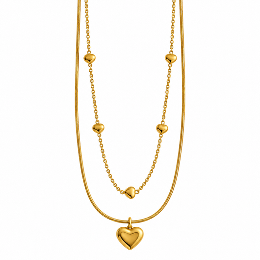 Elegant Heart Charm Layered 18K Gold Necklace