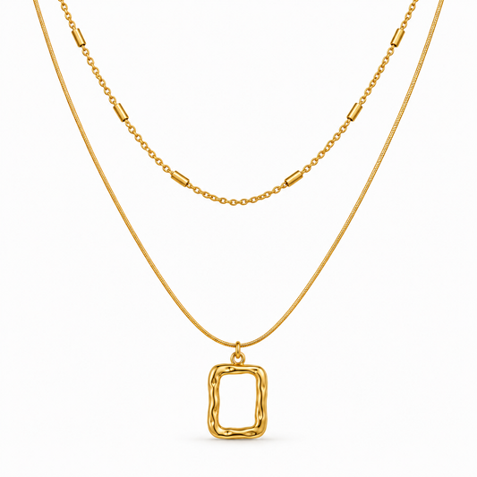Layered Abstract Rectangle Pendant 18K Gold Necklace