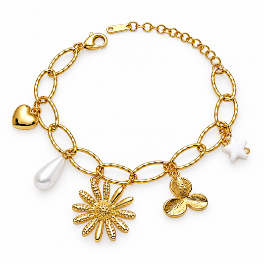 Whimsical Bloom 18K Gold Charm Bracelet