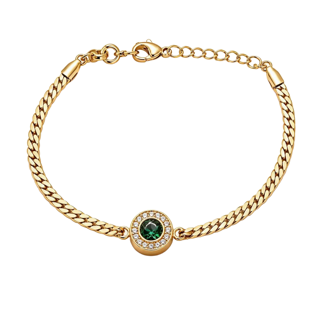 Emerald Halo Zircon 18K Gold Bracelet