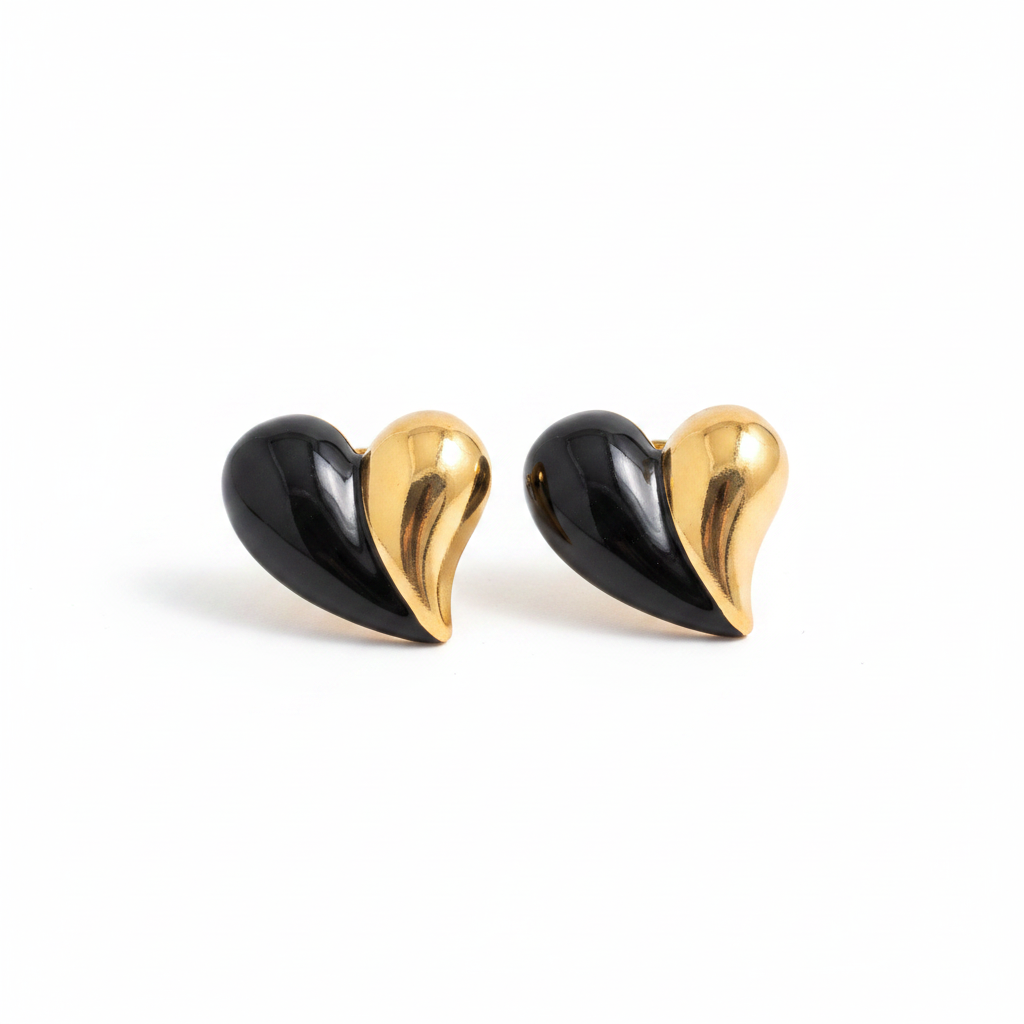 Asymmetrical Bicolor Heart 18K Gold Stud Earrings