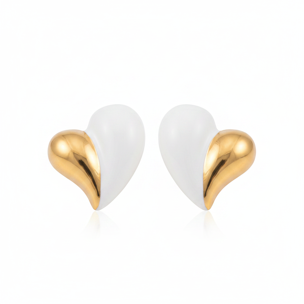 Asymmetrical Bicolor Heart 18K Gold Stud Earrings