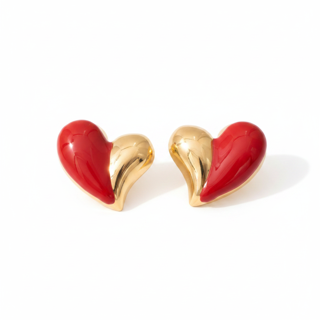 Asymmetrical Bicolor Heart 18K Gold Stud Earrings