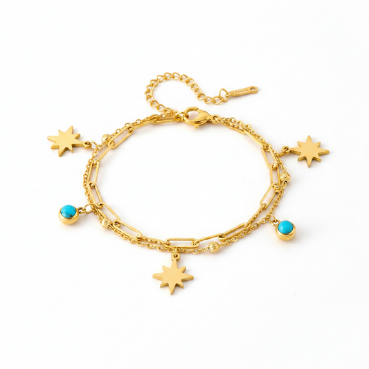Star & Turquoise Layered Charm 18K Gold Bracelet