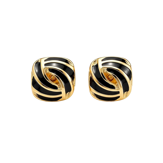 Square 18K Gold and Black Enamel Swirl Stud Earrings