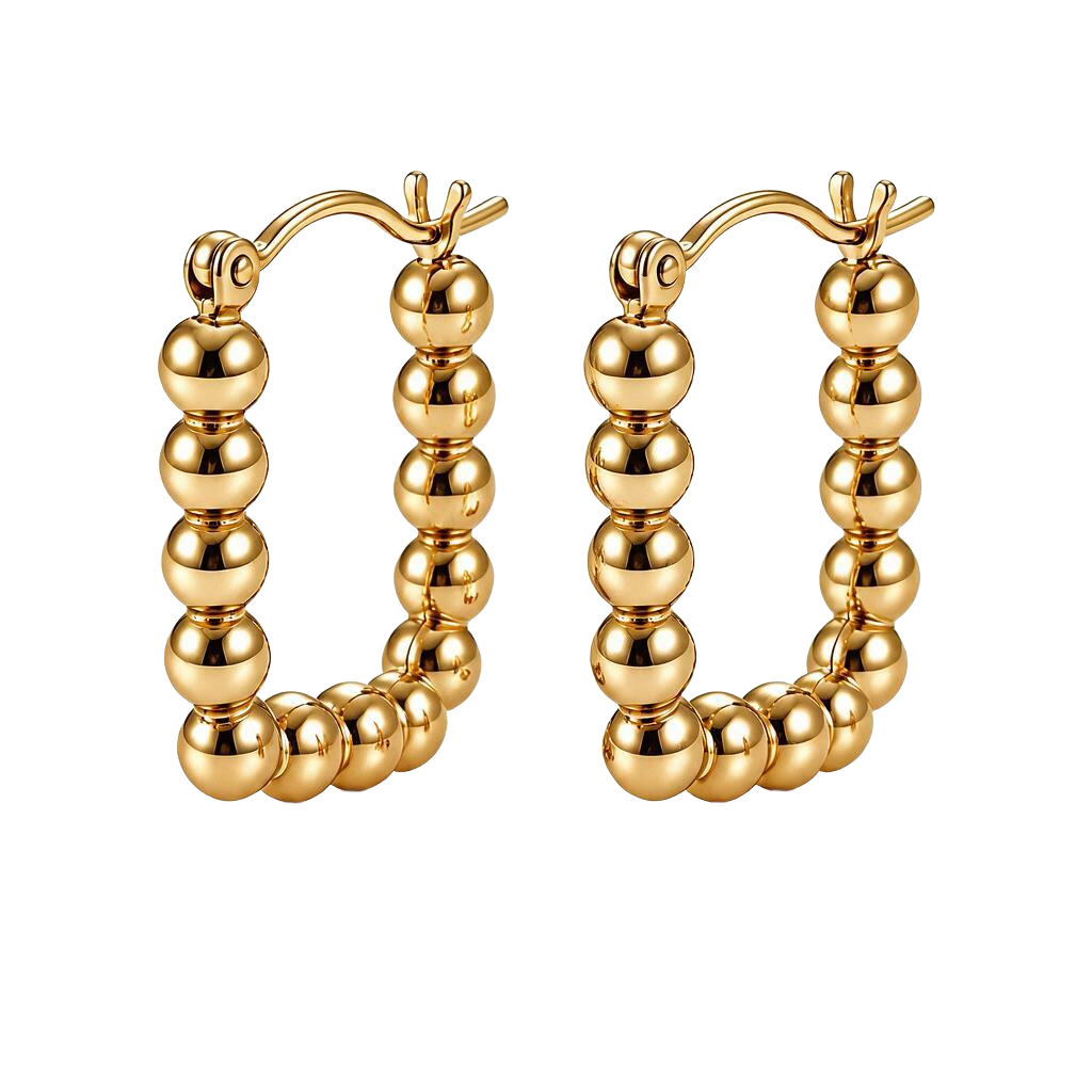 Elegant Beaded Rectangle 18K Gold Hoop Earrings