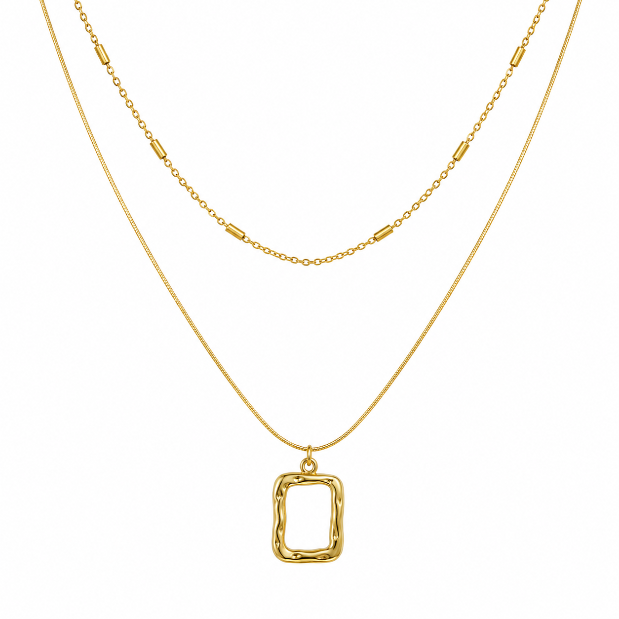 Layered Abstract Rectangle Pendant 18K Gold Necklace