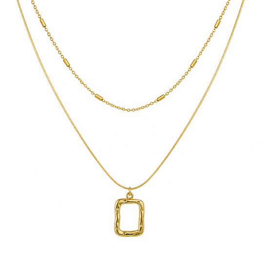 Layered Abstract Rectangle Pendant 18K Gold Necklace