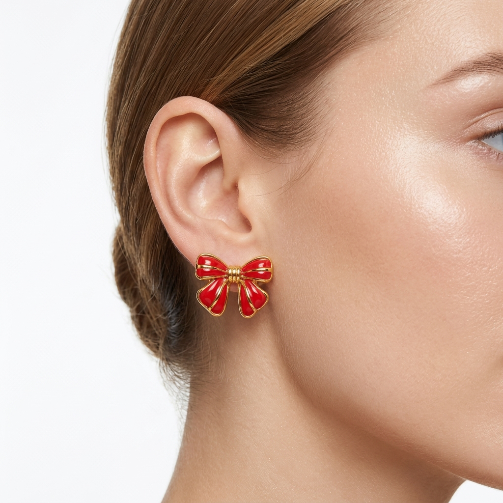 Adorable Variegated Bow 18K Gold Stud Earrings