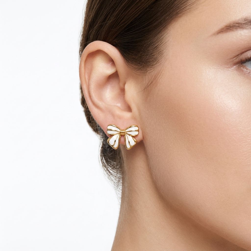 Adorable Variegated Bow 18K Gold Stud Earrings