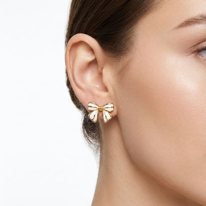 Adorable Variegated Bow 18K Gold Stud Earrings